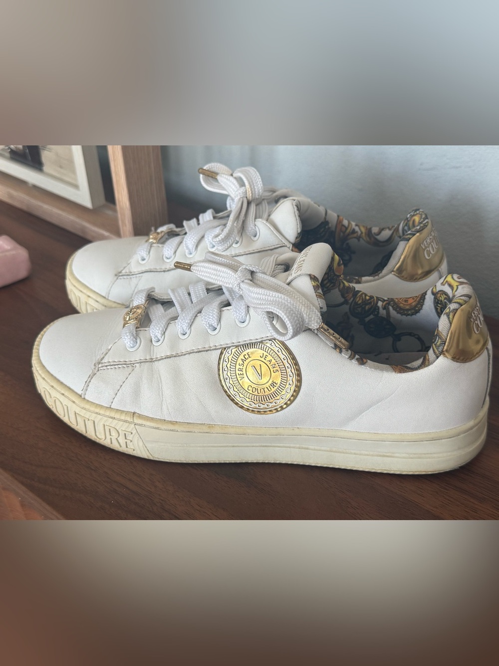 Versace Jeans Collection White Leather Sneakers with Gold Medallion